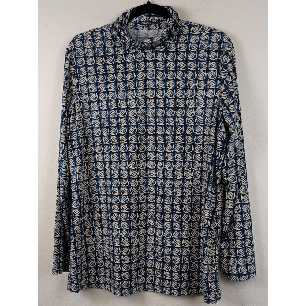 J. McLaughlin Long Sleeve Geometric Print Turtleneck Top Cream and Blue Size XL